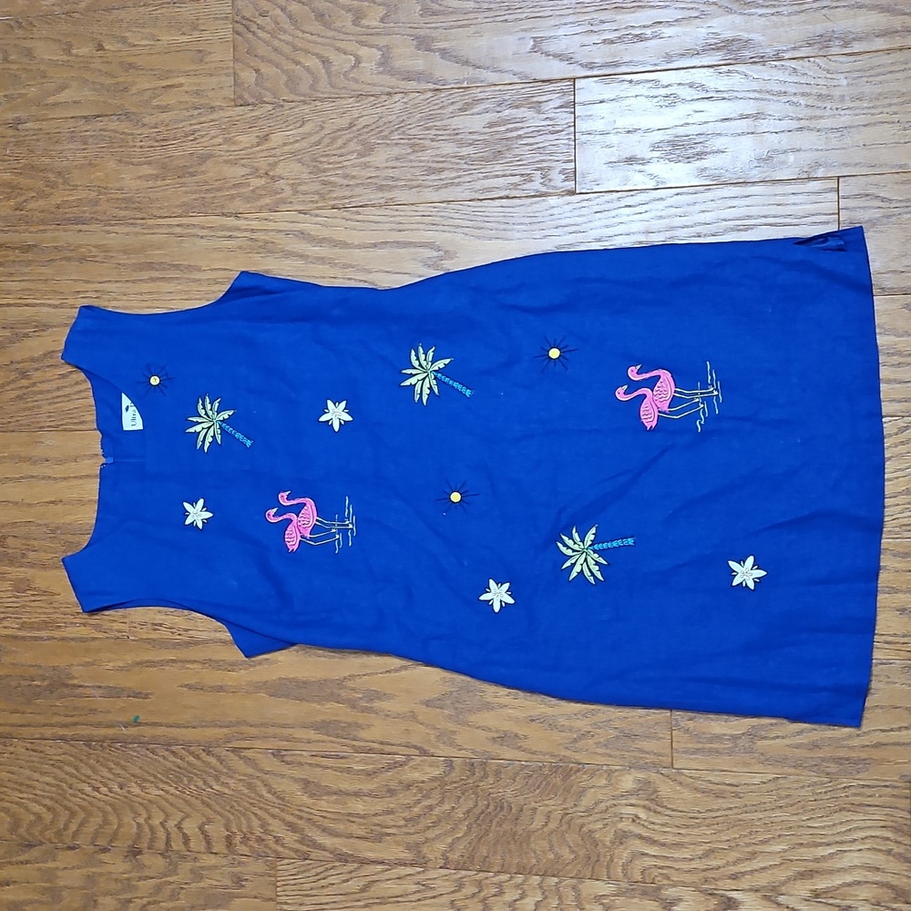 Vintage Ultra Dress Linen  Flamingo embroidered sheath dress blue size 10